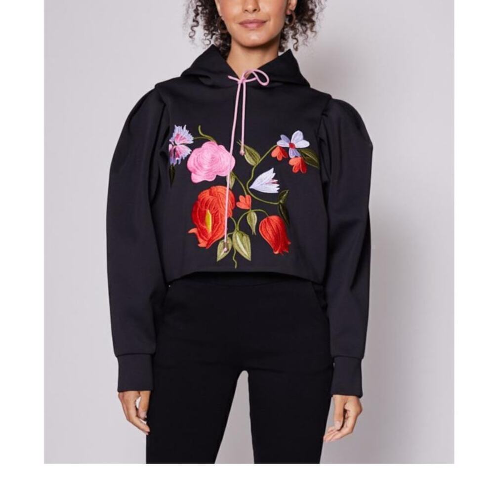 Alberto Makali Black Floral Embroidery Scuba Hoodie Sweatshirt Size M